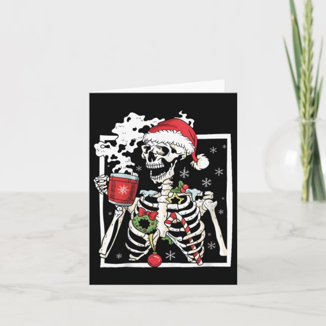 Christmas Skeleton With Smiling Skull Drinking Cof Card (Front)