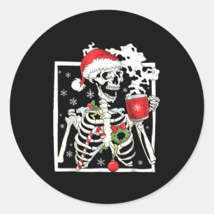 Christmas Skeleton With Smiling Skull Drinking Cof Classic Round Sticker