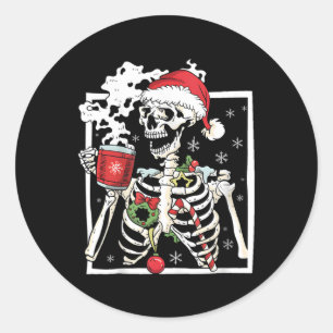 Christmas Skeleton With Smiling Skull Drinking Cof Classic Round Sticker
