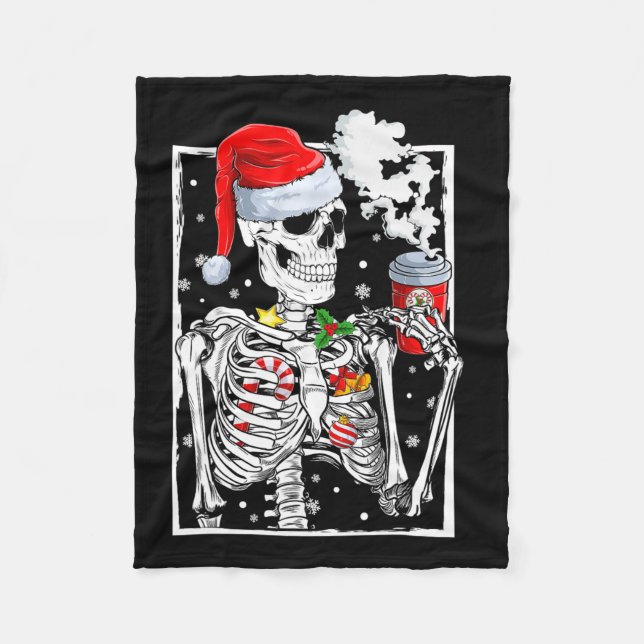 Christmas Skeleton With Smiling Skull Drinking Cof Fleece Blanket (Front)