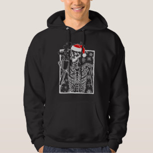 Christmas Skeleton with Smiling Skull drinking Cof Hoodie