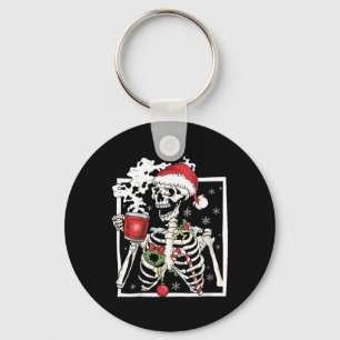 Christmas Skeleton With Smiling Skull Drinking Cof Key Ring