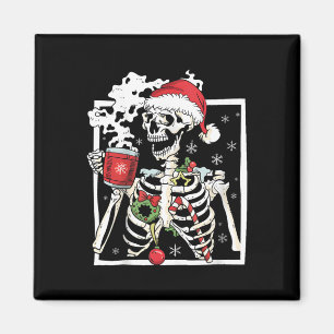 Christmas Skeleton With Smiling Skull Drinking Cof Magnet