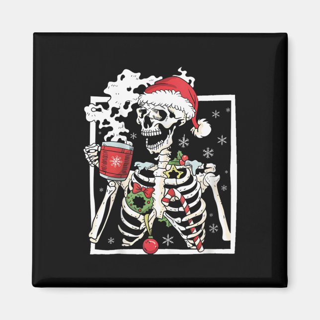 Christmas Skeleton With Smiling Skull Drinking Cof Magnet (Front)