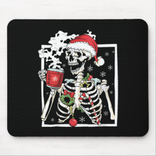 Christmas Skeleton With Smiling Skull Drinking Cof Mouse Pad
