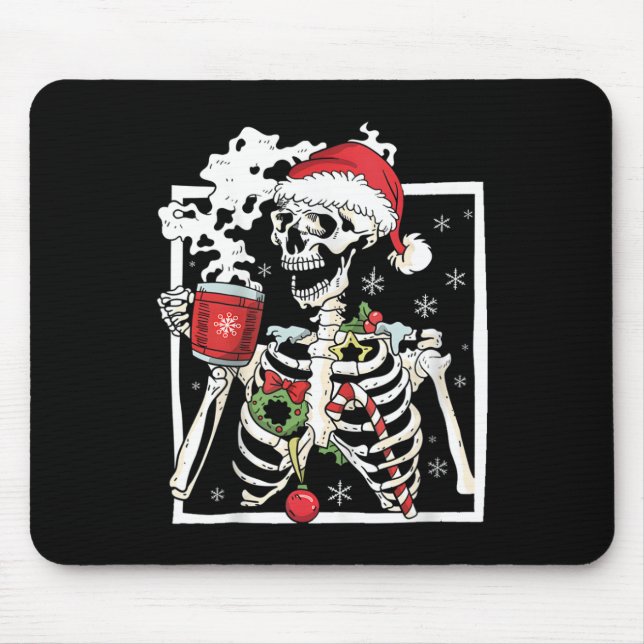 Christmas Skeleton With Smiling Skull Drinking Cof Mouse Pad (Front)