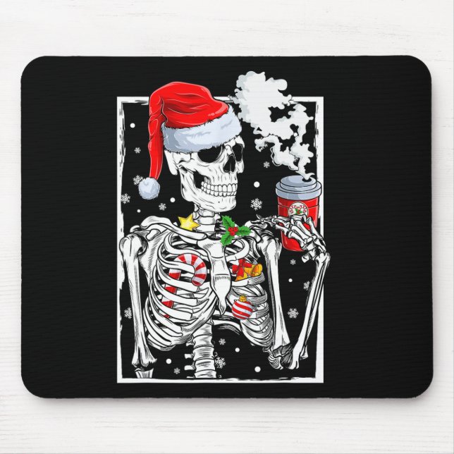 Christmas Skeleton With Smiling Skull Drinking Cof Mouse Pad (Front)