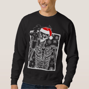 Christmas Skeleton with Smiling Skull drinking Cof Sweatshirt