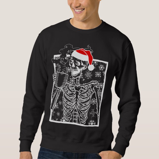 Christmas Skeleton with Smiling Skull drinking Cof Sweatshirt (Front)
