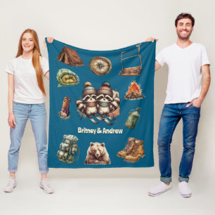 Christmas Ski Animal Couple Racoon Outdoorsy Blue Fleece Blanket