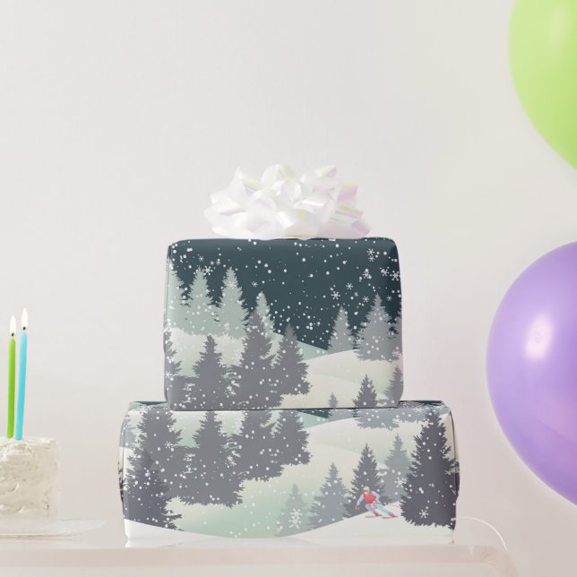 Christmas Skier in Winter Pines  Wrapping Paper (Party Gifts)