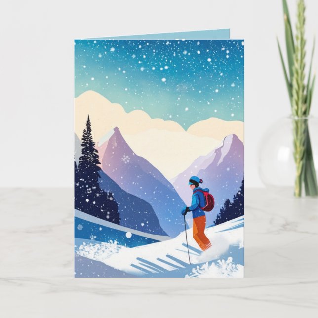 Christmas Skier On Mountain Holiday Card (Front)