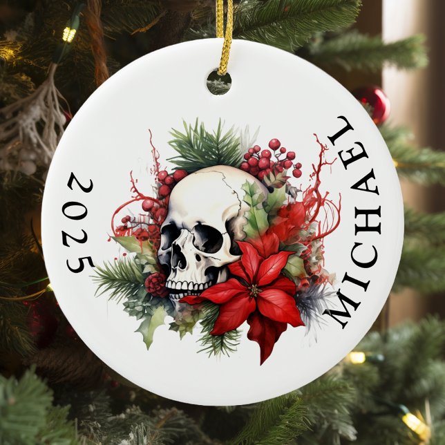 Christmas Skull Monogram Name Ceramic Ornament (Creator Uploaded)