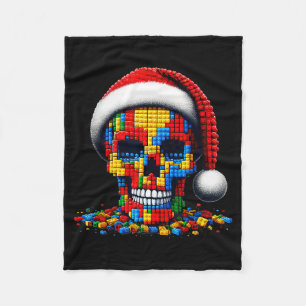 Christmas Skull Santa Hat Block Bricks Master Buil Fleece Blanket