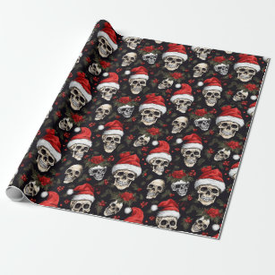 Christmas Skull Santa Hat Gothic Pattern Wrapping Paper