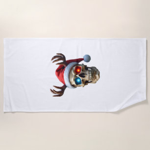 Christmas Skull with Santa Hat and Antlers Mystic Beach Towel