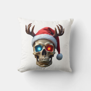 Christmas Skull with Santa Hat and Antlers Mystic  Cushion