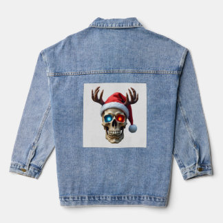 Christmas Skull with Santa Hat and Antlers Mystic Denim Jacket