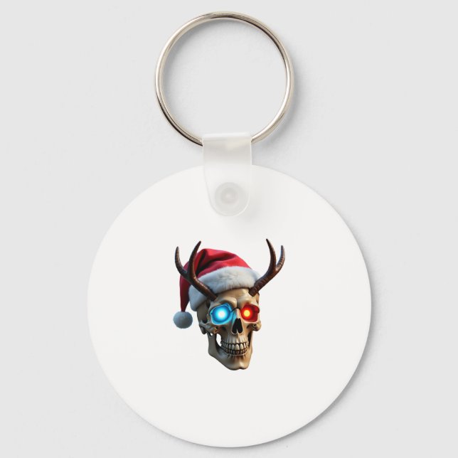 Christmas Skull with Santa Hat and Antlers Mystic  Key Ring (Front)