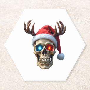 Christmas Skull with Santa Hat and Antlers Mystic Paper Coaster