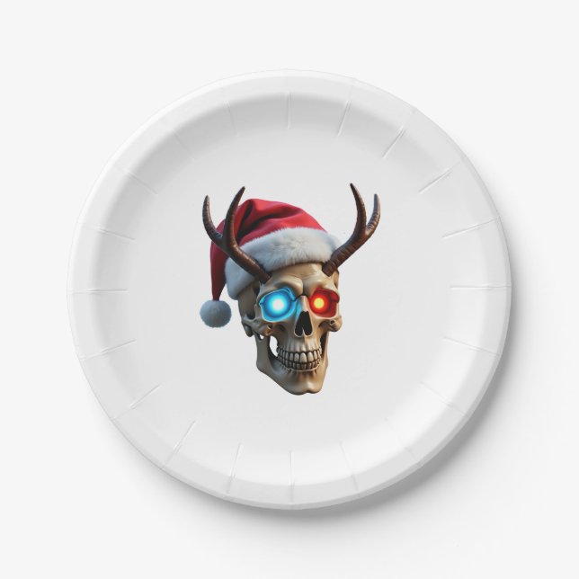 Christmas Skull with Santa Hat and Antlers Mystic  Paper Plate (Front)