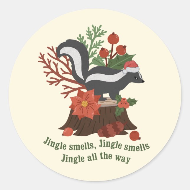 Christmas Skunk Pun: Jingle Smells Classic Round Sticker (Front)
