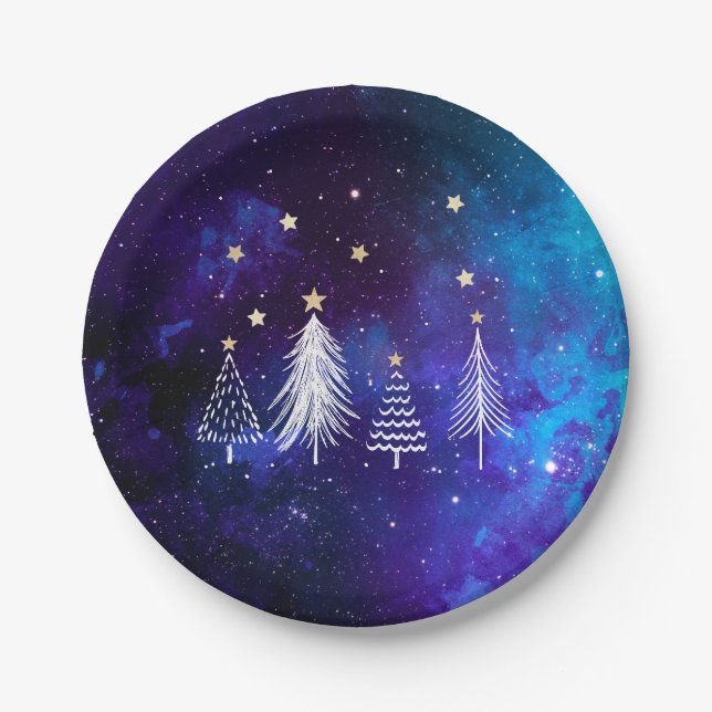 Christmas Sky, Blue, White, Stars, Party  Paper Pl Paper Plate (Front)