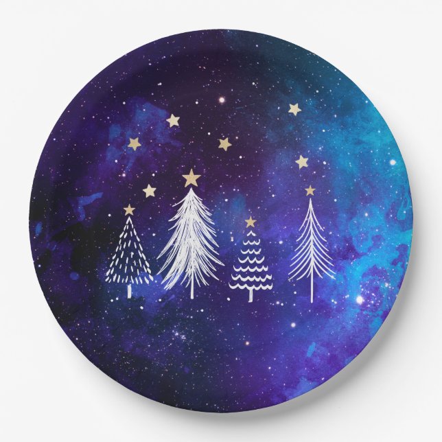 Christmas Sky, Blue, White, Stars, Party  Paper Plate (Front)