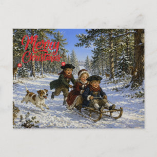 Christmas Sled Ride through the woods Holiday Postcard