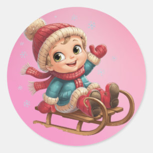 Christmas Sled Ride with Adorable Winter Child Classic Round Sticker