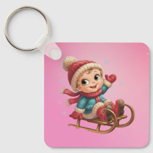 Christmas Sled Ride with Adorable Winter Child Key Ring