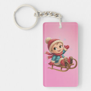 Christmas Sled Ride with Adorable Winter Child Key Ring