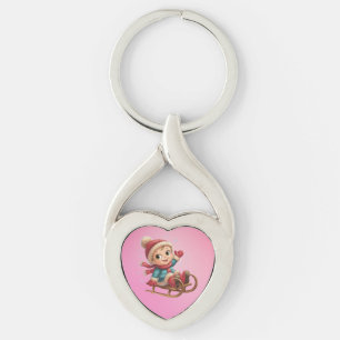 Christmas Sled Ride with Adorable Winter Child Key Ring