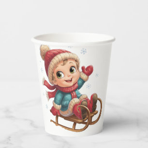 Christmas Sled Ride with Adorable Winter Child Paper Cups