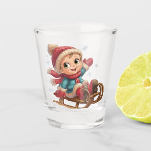 Christmas Sled Ride with Adorable Winter Child Shot Glass