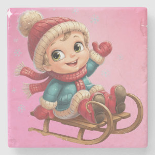 Christmas Sled Ride with Adorable Winter Child Stone Coaster