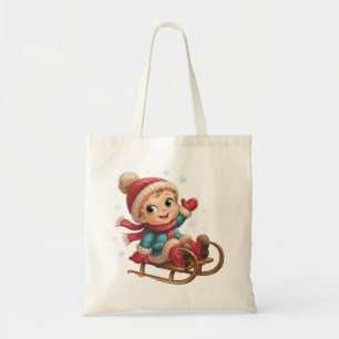 Christmas Sled Ride with Adorable Winter Child Tote Bag