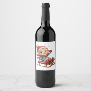 Christmas Sled Ride with Adorable Winter Child Wine Label