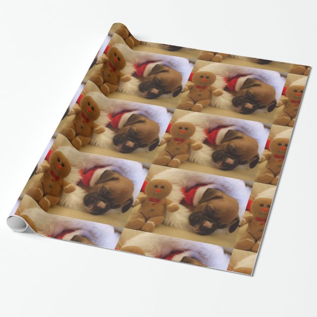 Christmas sleeping boxer puppy wrapping paper (Unrolled)