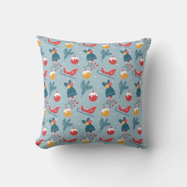 Christmas Sleigh, Bells & Ornaments Pattern Cushion (Front)