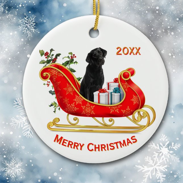 Christmas Sleigh Black Labrador Retriever Dog Ceramic Ornament (Creator Uploaded)