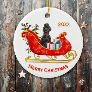 Christmas Sleigh Black Poodle Dog Ceramic Ornament