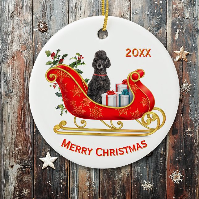 Christmas Sleigh Black Poodle Dog Ceramic Ornament (Creator Uploaded)
