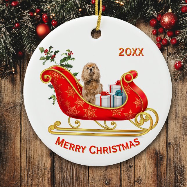 Christmas Sleigh Buff Cocker Spaniel Dog Ceramic Ornament (Creator Uploaded)