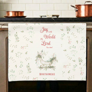 Christmas Sleigh Custom Last Name Joy To The World Tea Towel