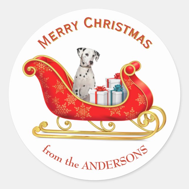 Christmas Sleigh Dalmatian Dog Classic Round Sticker (Front)