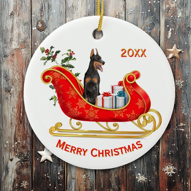 Christmas Sleigh Doberman Pinscher Dog Ceramic Ornament (Creator Uploaded)