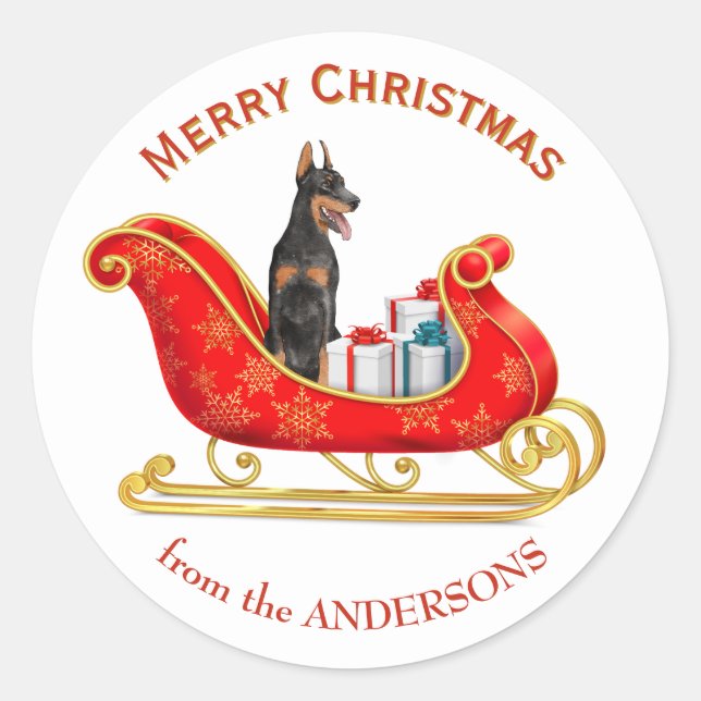 Christmas Sleigh Doberman Pinscher Dog Classic Round Sticker (Front)