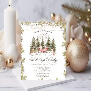 Christmas Sleigh Forest Gold Stars Holiday Invitation