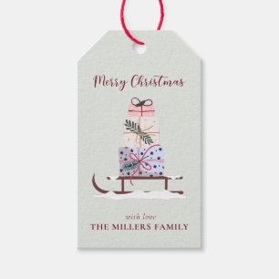 Christmas sleigh full of gifts, ligth green gift tags
